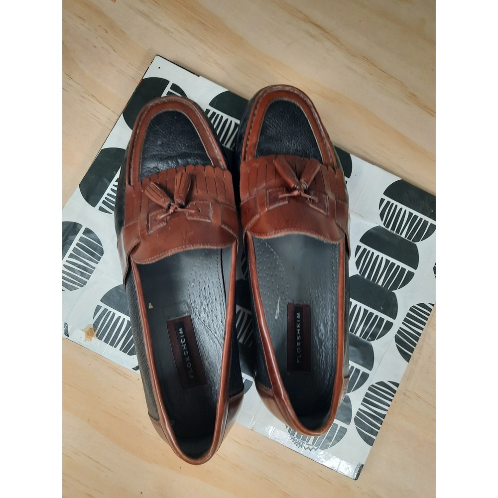 Florsheim Mens 10.5 Tassel‎ Kiltie Loafers Two Tone Black Brown Leather - Picture 2 of 7